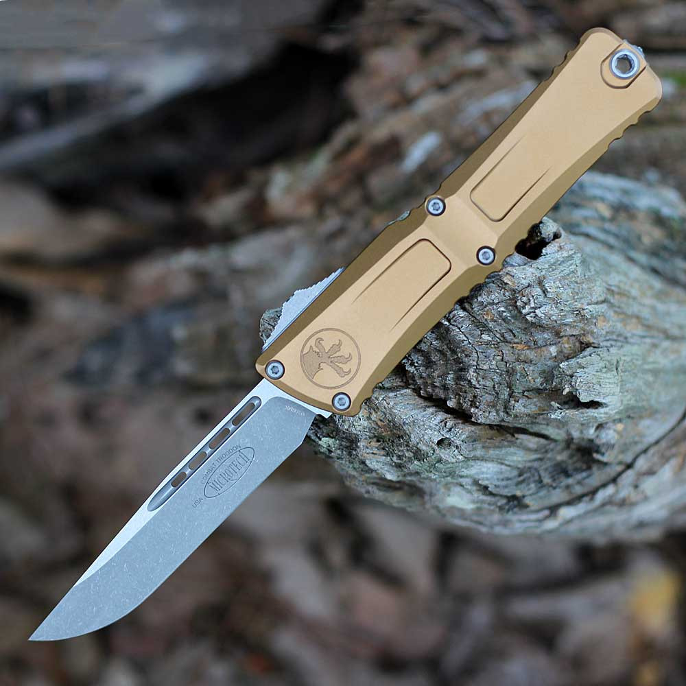 Microtech Combat Troodon S/E Gen III OTF (MCT114310APTA) 4" Premium Steel Bead Blasted and Stonewashed Clip Point Plain Blade, Tan Aluminum Handle w/ Double Action Thumb Slide