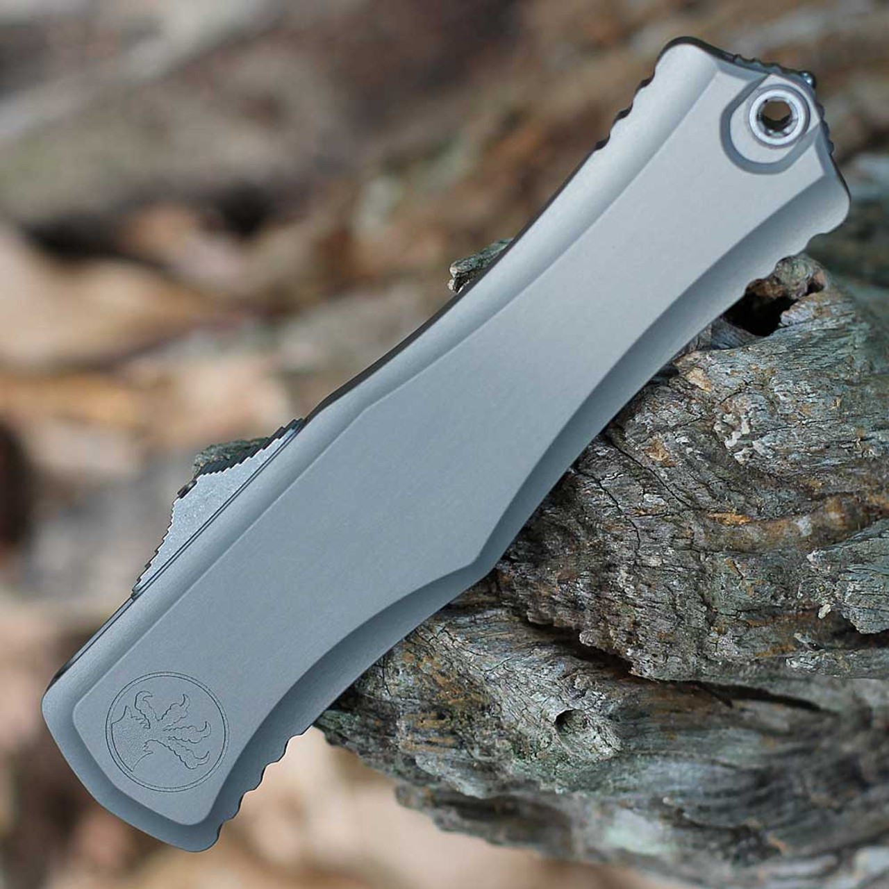 Microtech Herra II D/E (1702-10 APNC) 4" Premium Steel Bead Blasted and Stonewashed Double Edge Dagger Plain Blade, Natural Clear Aluminum Handle w/ Double-Action Thumb Slide