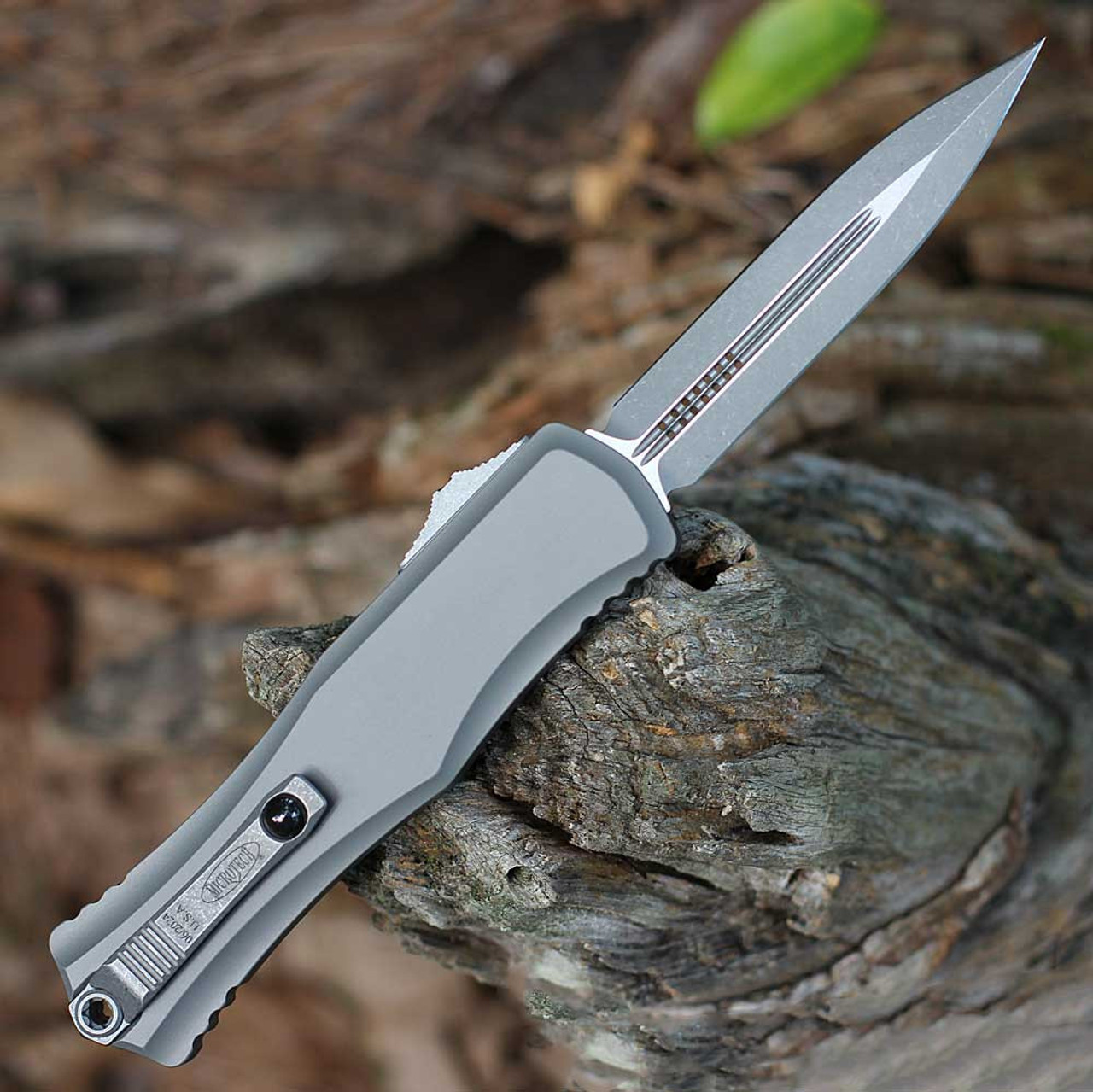 Microtech Herra II D/E (1702-10 APNC) 4" Premium Steel Bead Blasted and Stonewashed Double Edge Dagger Plain Blade, Natural Clear Aluminum Handle w/ Double-Action Thumb Slide