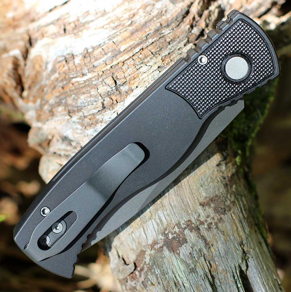 Pro-Tech Tactical Response 2 (T221) 3" CPM-MagnaCut Smoky Grey DLC Drop Point Plain Blade, Black Aluminum Handle w/ Textured Corners, closed back view