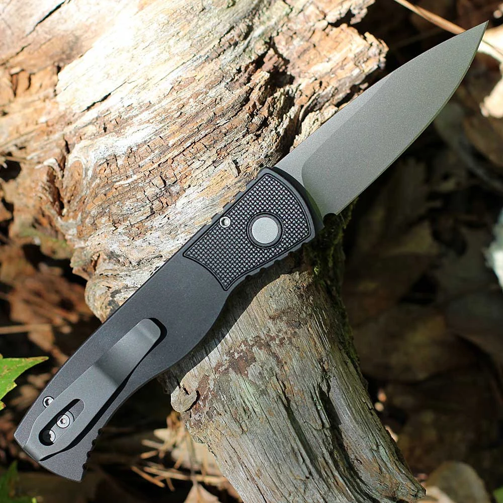 Pro-Tech Tactical Response 2 (T221) 3" CPM-MagnaCut Smoky Grey DLC Drop Point Plain Blade, Black Aluminum Handle w/ Textured Corners, back open view