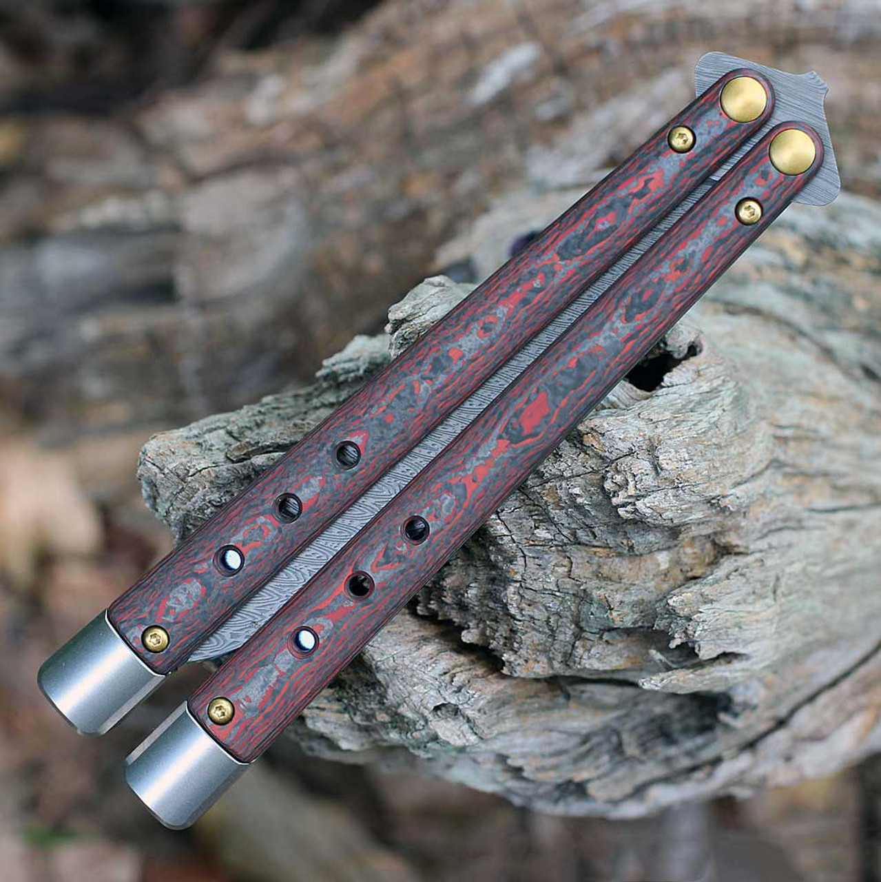 Benchmade Necron (BM99-241) 4.59" Benchmade’s exclusive etched Weehawk Damasteel Steel Scimitar Plain Blade, Lava Flow Red Fatcarbon Carbon Fiber Handle with Adjustable and Removable Tungsten Weights and Handle Extensions