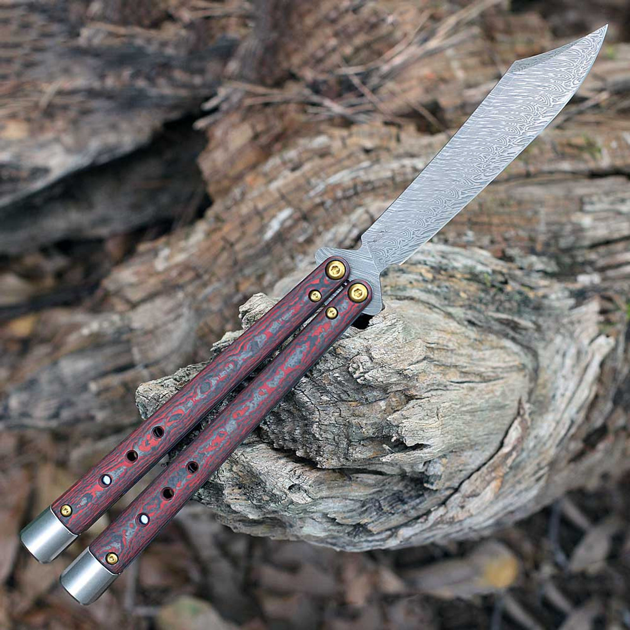 Benchmade Necron (BM99-241) 4.59" Benchmade’s exclusive etched Weehawk Damasteel Steel Scimitar Plain Blade, Lava Flow Red Fatcarbon Carbon Fiber Handle with Adjustable and Removable Tungsten Weights and Handle Extensions