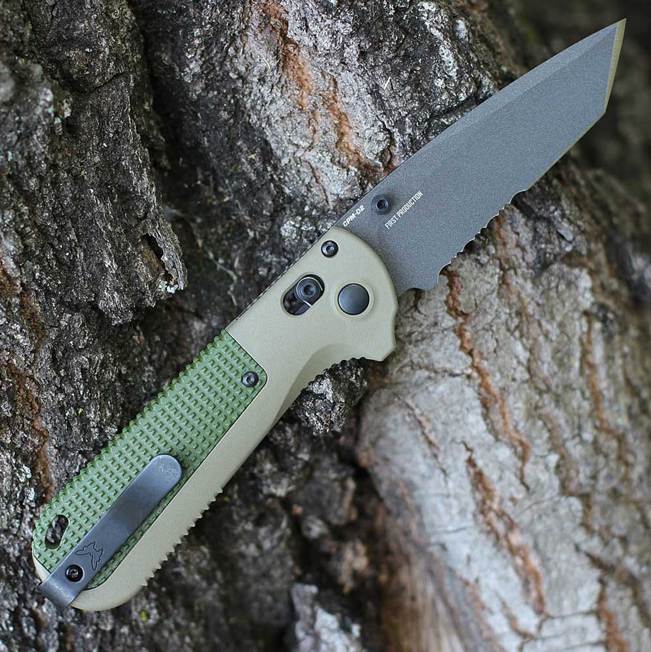 Green Grivory handle Benchmade Redoubt tactical knife
