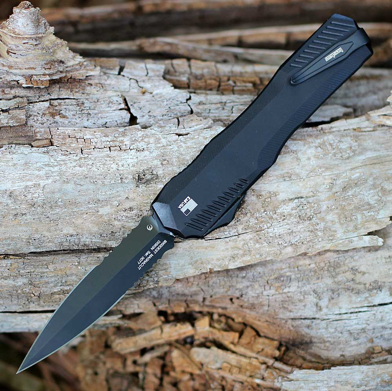 Kershaw Livewire OTF (KS9000DEST) 3.45" CPM-MagnaCut Black PVD Coated Double-Edged Dagger Partially Serrated Blade, Black Anodized Aluminum Handle w/ Double Action Thumb Slide