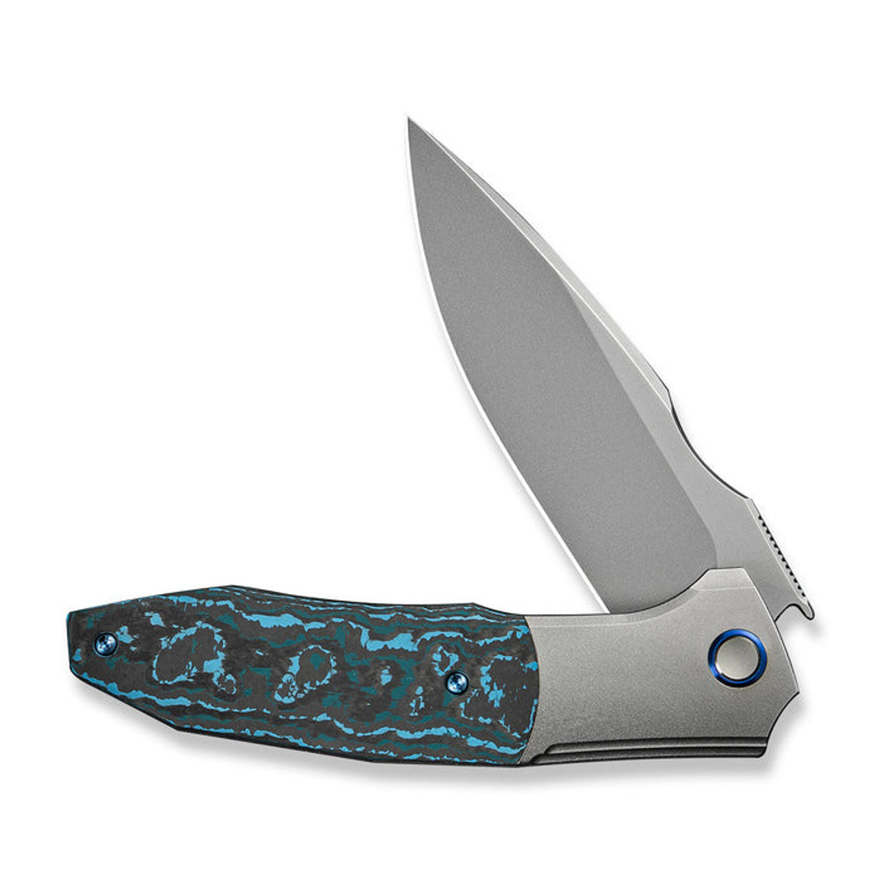 WE Knife Archeozoic (WE23091-4) 4" Bohler M390 Polished Bead Blasted Drop Point Plain Blade, Polished Bead Blasted Titanium Handle w/ Artic Storm Fat Carbon Fiber Inlay