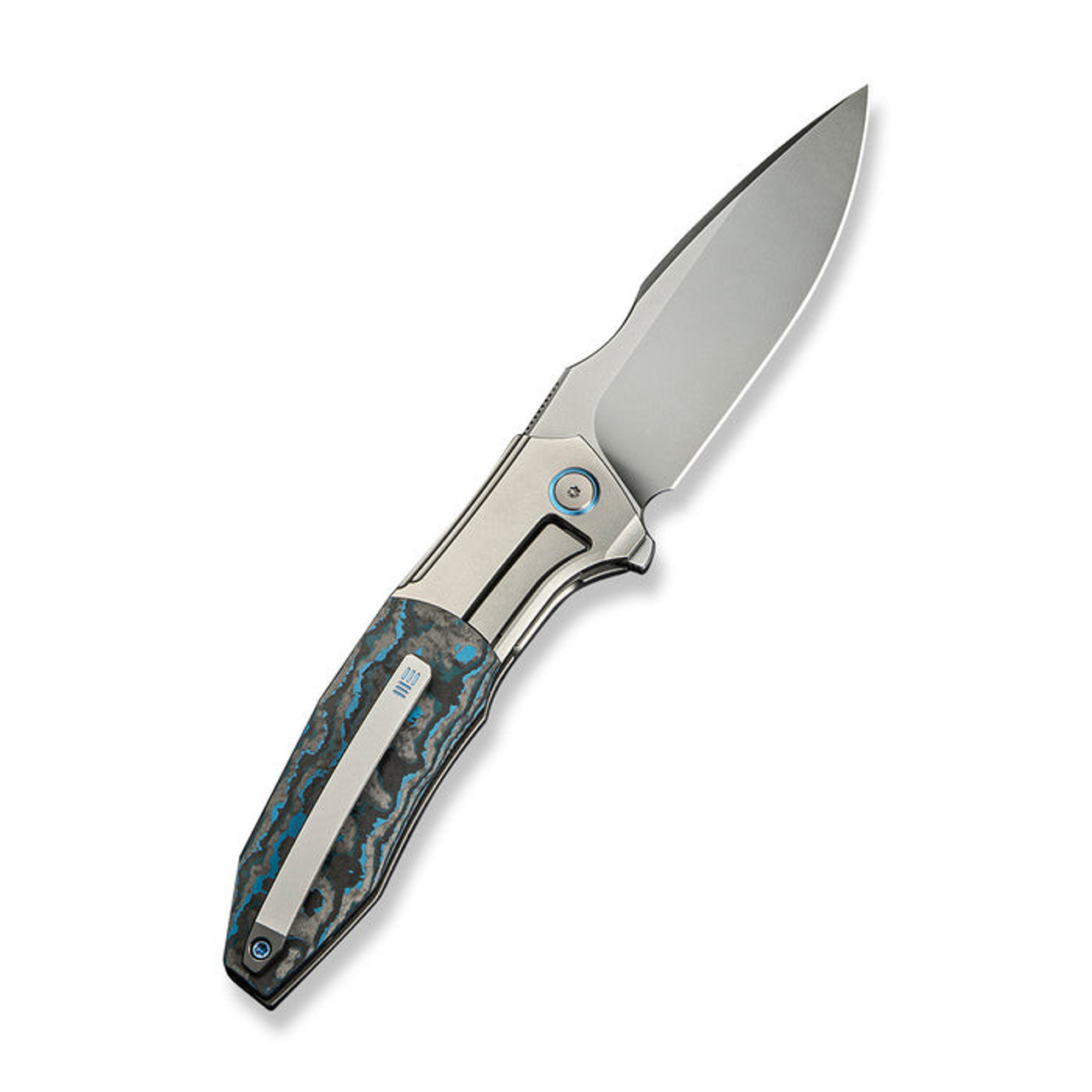 WE Knife Archeozoic (WE23091-4) 4" Bohler M390 Polished Bead Blasted Drop Point Plain Blade, Polished Bead Blasted Titanium Handle w/ Artic Storm Fat Carbon Fiber Inlay