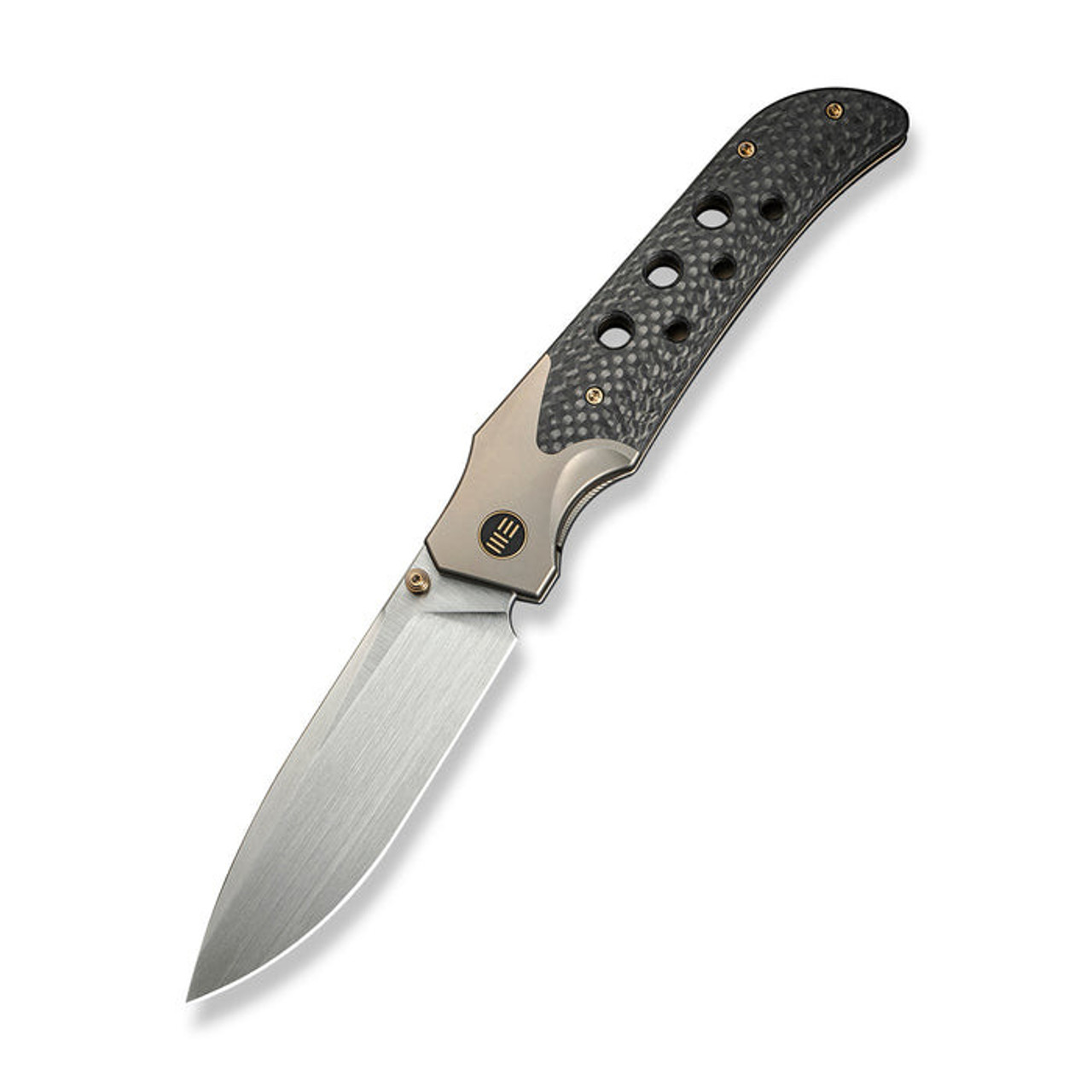 WE Knife WE-Guthrie (WE23072B-2) 3.94" CPM-20CV Hand Rubbed Satin Drop Point Plain Blade, Champagne Titanium Handle w/ Black Twill Carbon Fiber Inlay