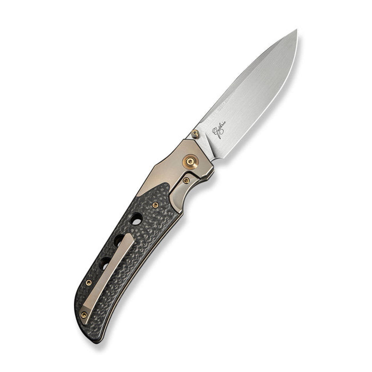 WE Knife WE-Guthrie (WE23072B-2) 3.94" CPM-20CV Hand Rubbed Satin Drop Point Plain Blade, Champagne Titanium Handle w/ Black Twill Carbon Fiber Inlay