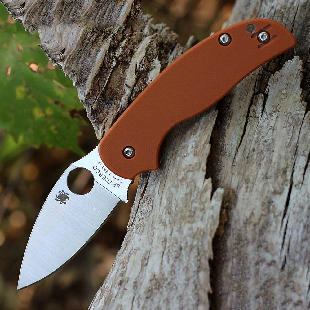 Spyderco Sage 5 C123GBORP burnt orange G-10 handle open view showing CPM REX 121 satin blade and compression lock