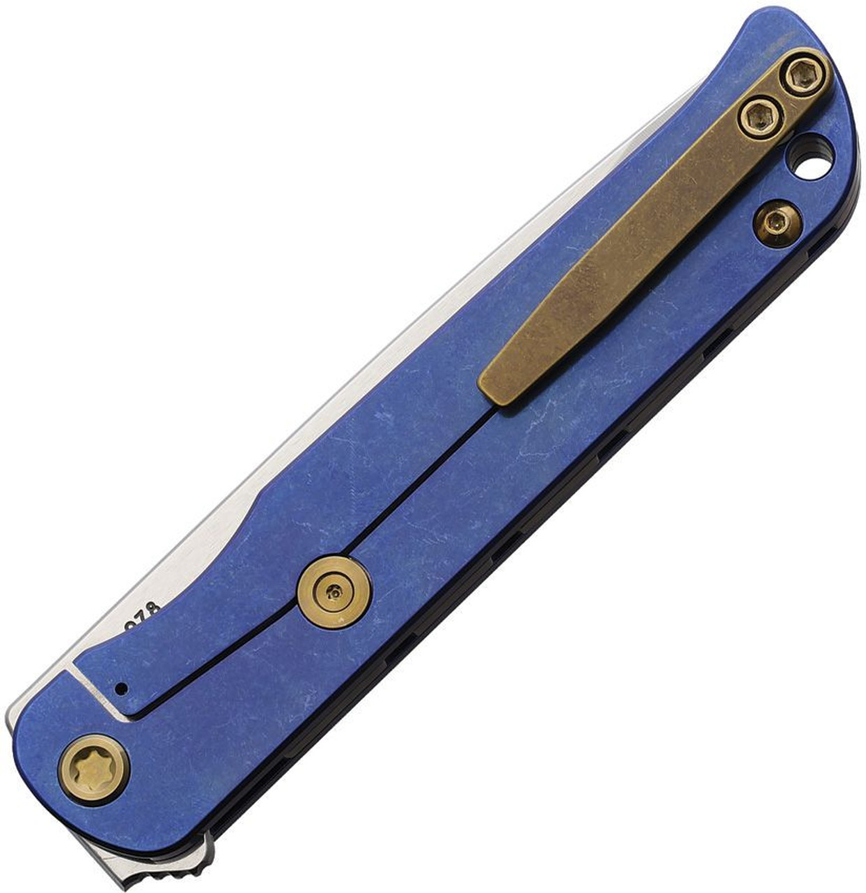 Medford Knife & Tool T-Bone Frame Lock (MD2154TT37A2)- 4.0" S45VN Tumbled Drop Point Blade, Tumbled Blue Titanium Handle with Mosaic Inlay, Bronze Hardware and Clip