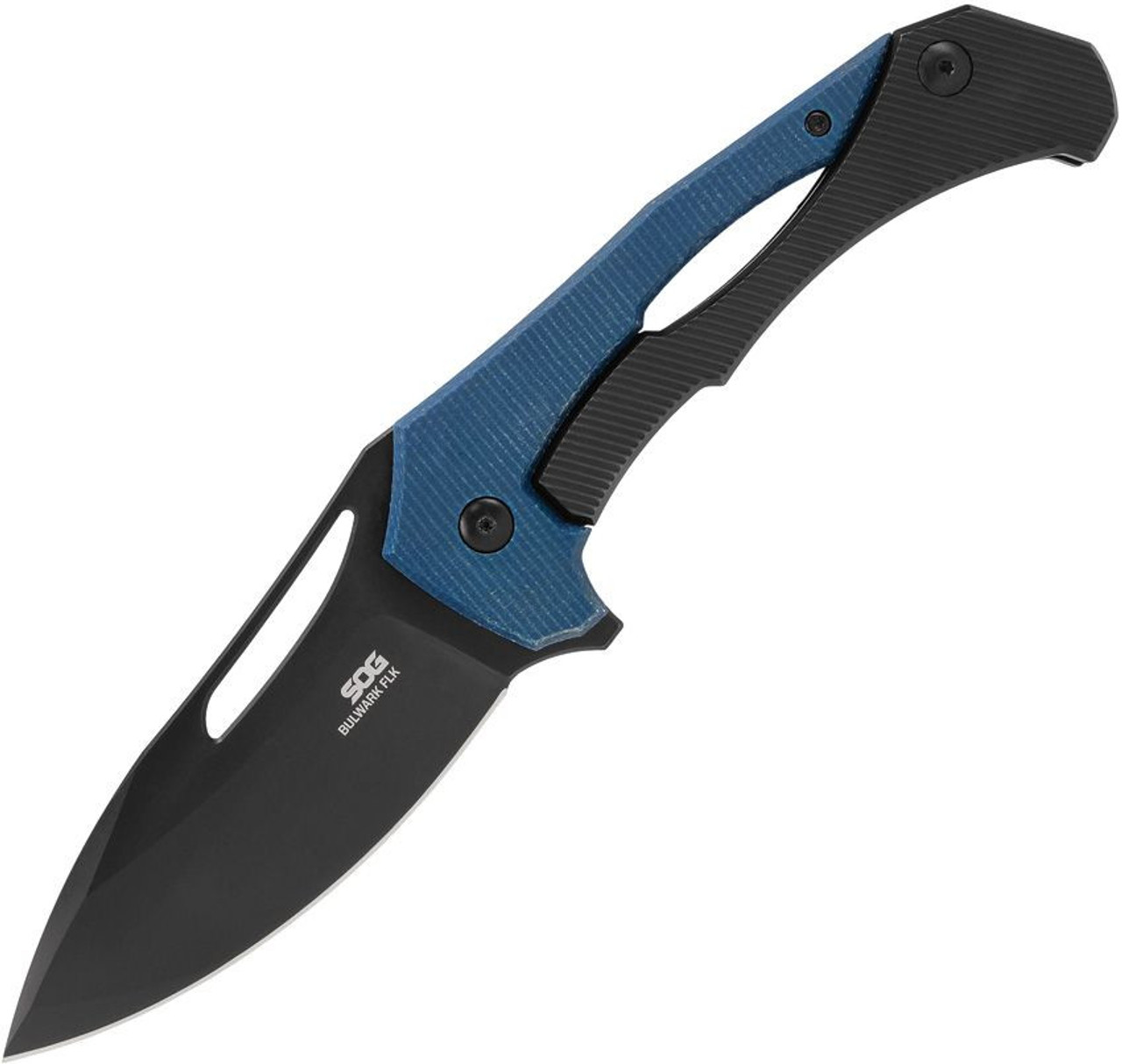 SOG Bulwark (SOG14240157) 3" Black D2 Drop Point Plain Blade, Black and Blue Micarta Handle