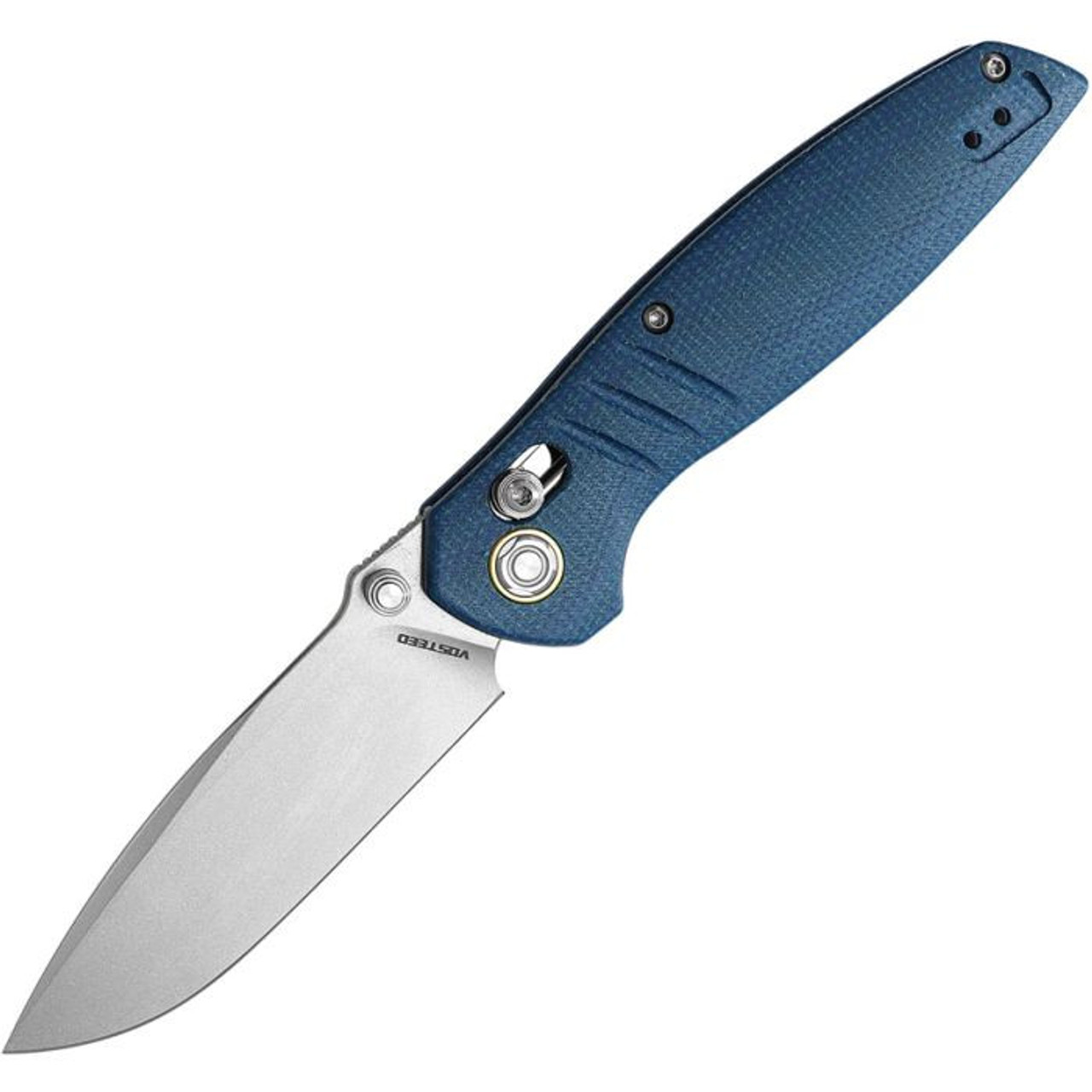Vosteed Corsair (CSNWML) 3.25" Nitro-V Satin Modified Drop Point Plain Blade, Blue Canvas Micarta Handle
