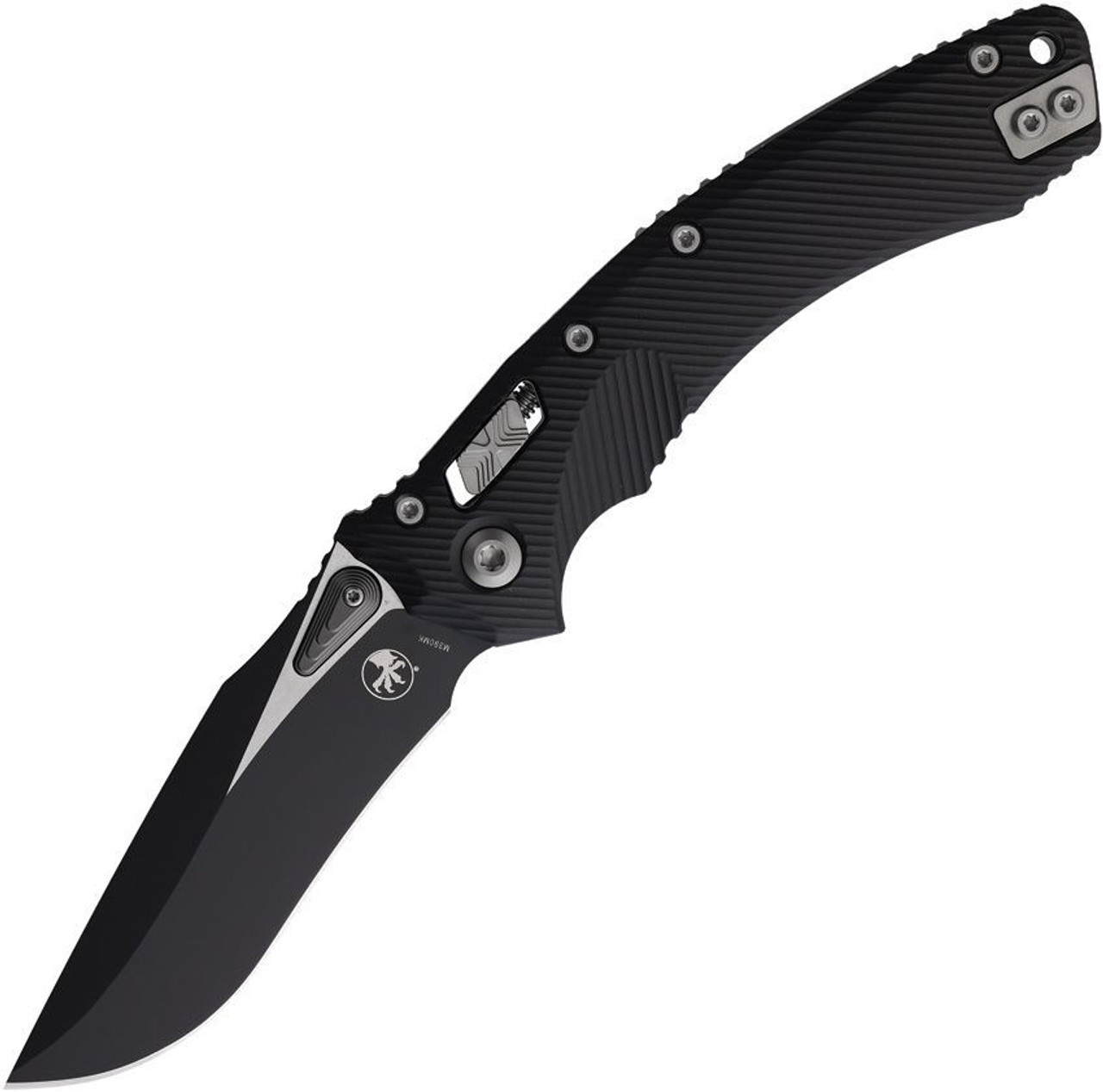 Microtech Amphibian S/E Ram-Lok (MCT16383) 3.9" Two Toned Drop Point Plain Blade, Black Fluted Aluminum Handle, Manual Opening