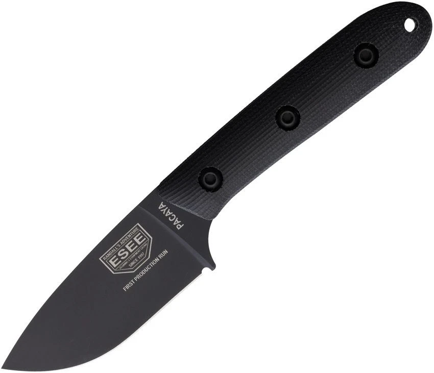 The ESEE Pacaya (ESPACAYA3VB) shown with its 3.0-inch CPM-3V plain edge drop point blade in a black corrosion-resistant coating, full tang construction, black canvas Micarta handle, and its black Kydex sheath.