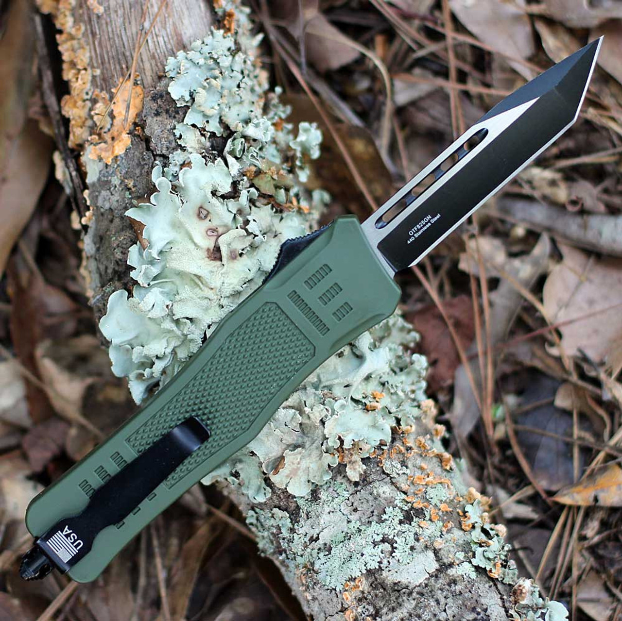 Master Cutlery OTF 825GN (MCOTF825GN) 3.0" 440 Two Toned Tanto Plain Blade, Green Rubber Coated Stainless Steel Handle, Glass Breaker, Double Action
