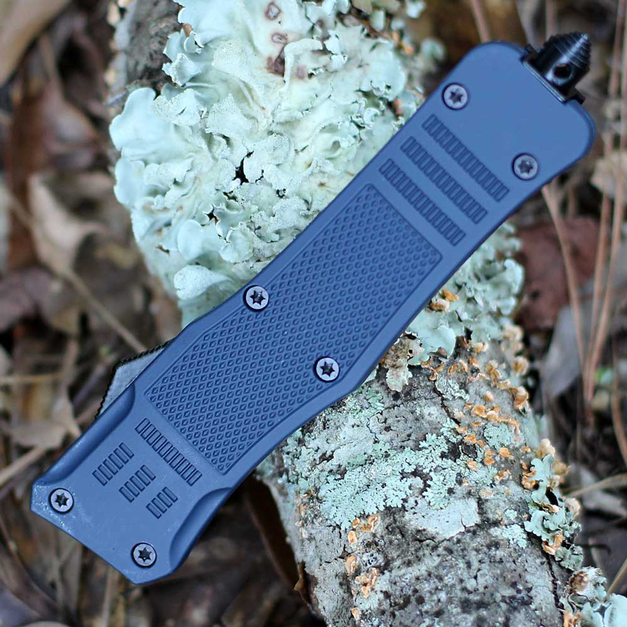 Master Cutlery OTF 825BL (MCOTF825BL) 3.0" 3Cr13 Satin Drop Point Plain Blade, Blue Rubber Coated Stainless Steel Handle, Glass Breaker, Double Action