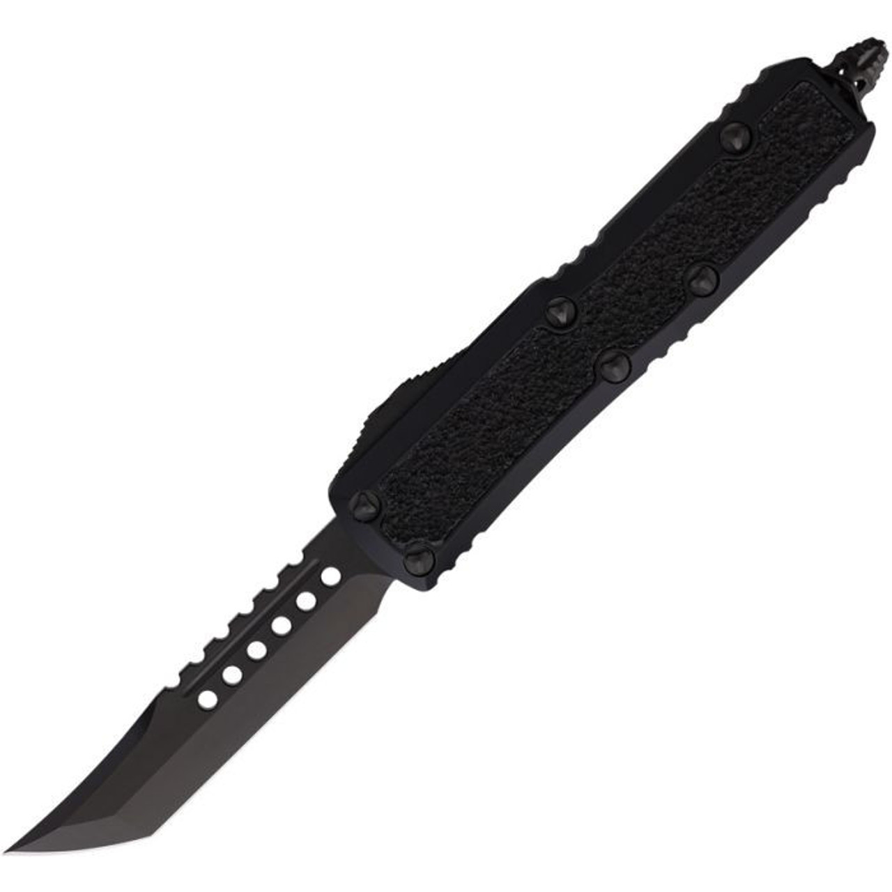Microtech Daytona Hellhound Shadow (126H-1DLCTSH) 3" Premium Steel Black DLC Coated Tanto Plain Blade, Black Aluminum Handle w/ Double-Action Thumb Slide