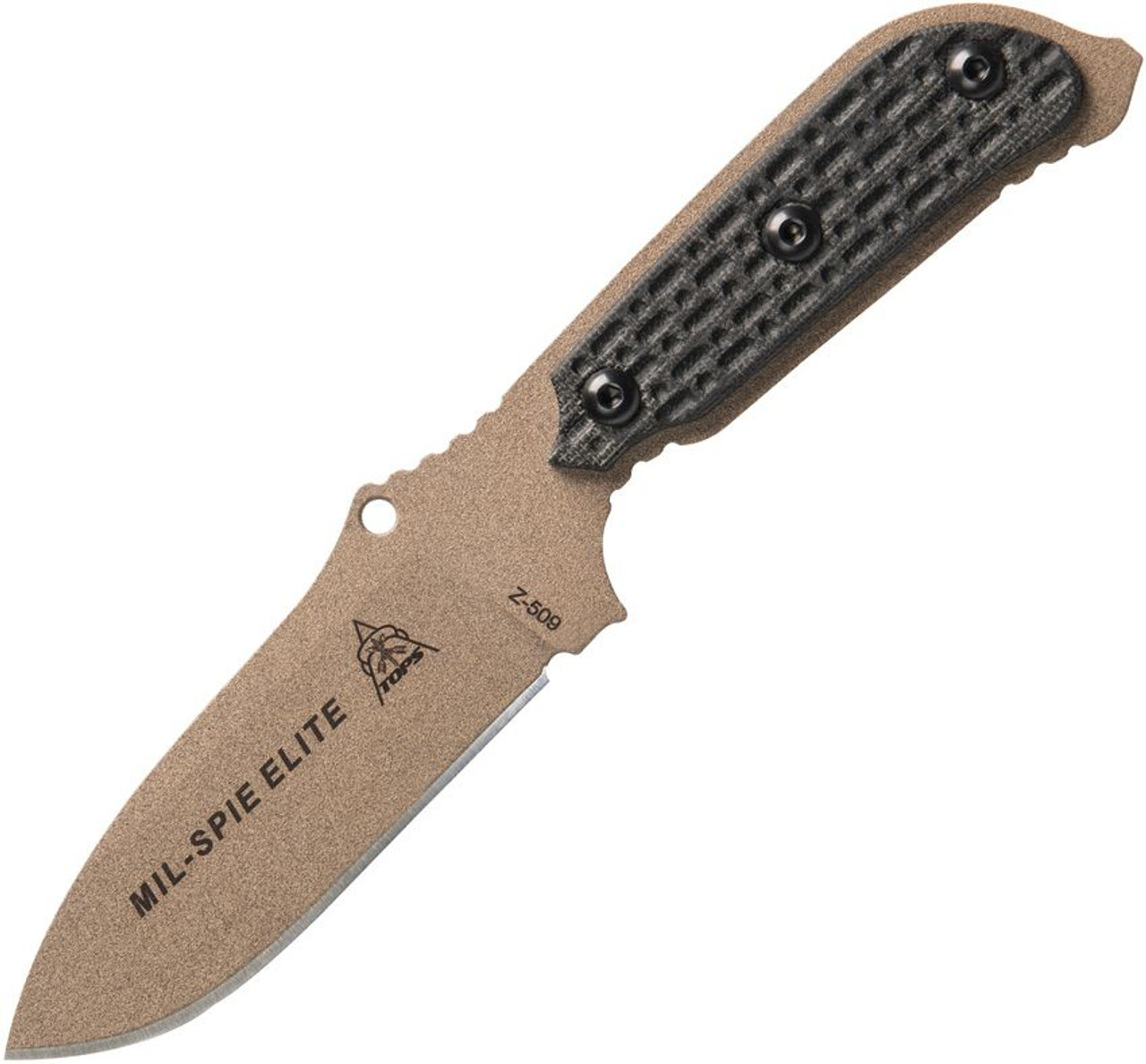 TOPS Knives Mil-Spie Elite (TPMIL3EBCM) 4.0" Tan Coated 1095 Drop Point Blade, Smooth Black Micarta Handle