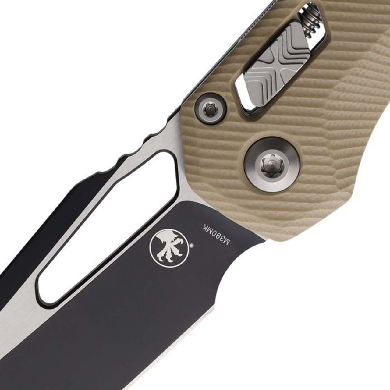 Microtech MSI Ram-Lok (210-1 FLGTTA) 3.85" Premium Steel Two-Toned Sheepsfoot Plain Blade, Fluted Tan G-10 Handle