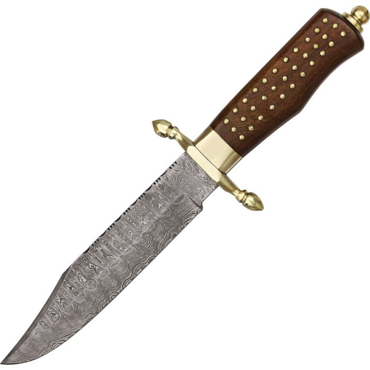 Damascus Knives Brass Pin Bowie (DM1058) 7.5" Damascus Clip Point Plain Blade, Brown Wood Handle w/ Brass Guard and Pommel, Leather Sheath