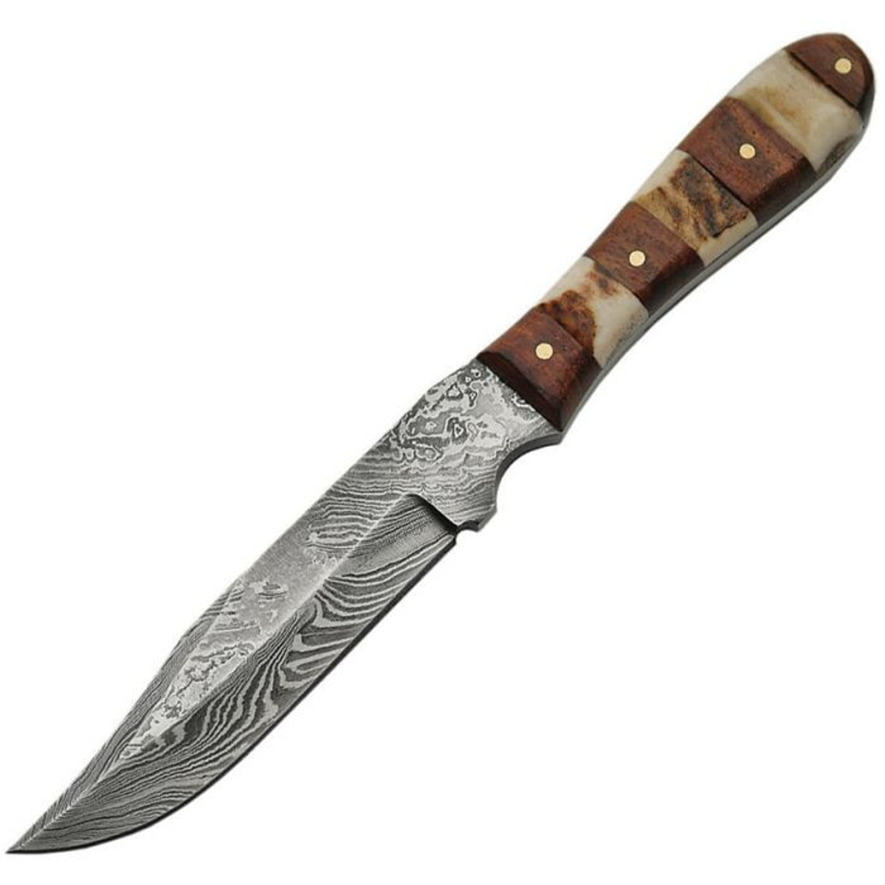 Damascus Knives Stag Hunter (DM1108) 4.5" Damascus Clip Point PLain Blade, Stag Bone and Wood Handle, Brown Leather Belt Sheath