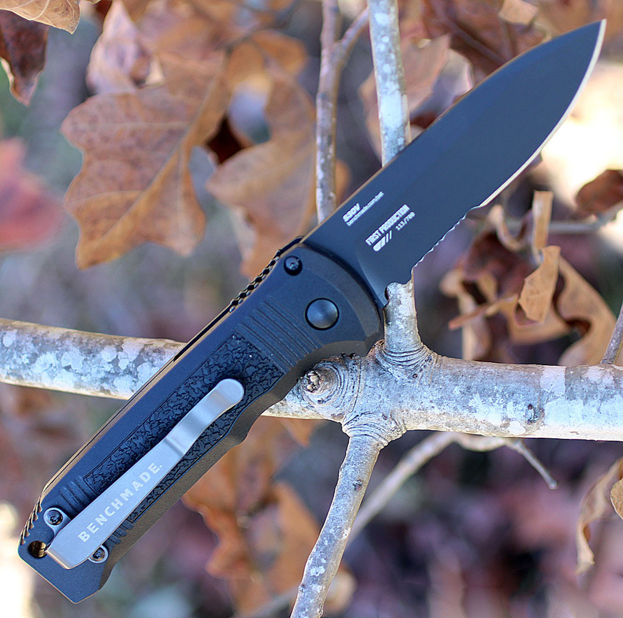 CPM-S30V stainless steel Drop Point partially serrated black blade