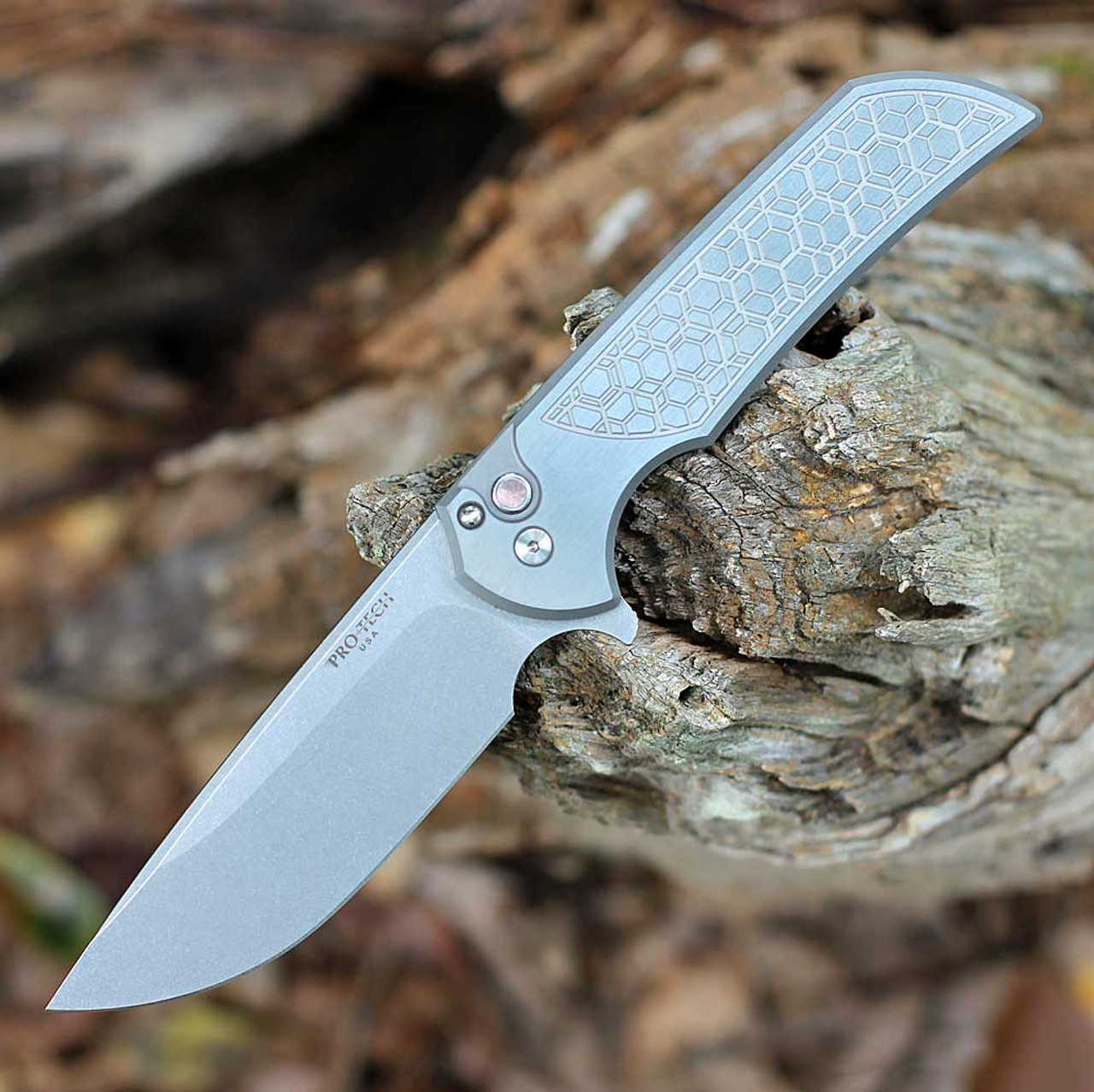 Pro-Tech 2024 Mordax Cutom 002 Button Lock Flipper Knife (2024 Mordax Custom 002) - 3.62" Stonewash CPM-MagnaCut Plain Blade, 17-4 Stainless Steel GridlockHandle, Black Pearl Button,
