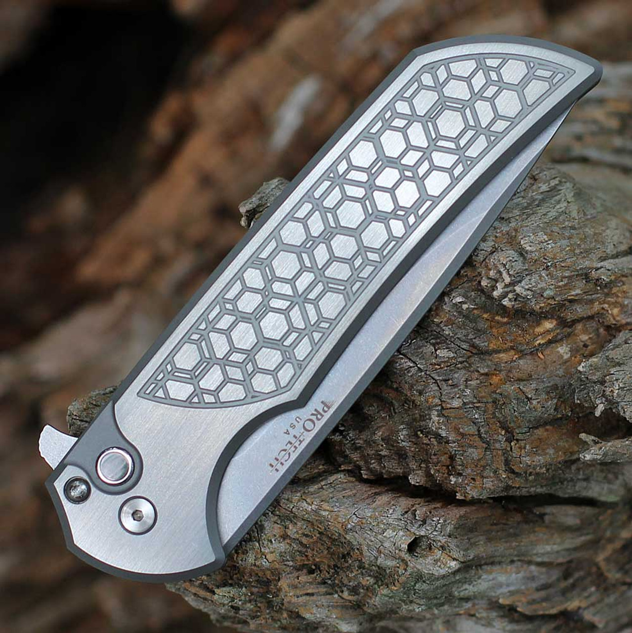 Pro-Tech 2024 Mordax Cutom 002 Button Lock Flipper Knife (2024 Mordax Custom 002) - 3.62" Stonewash CPM-MagnaCut Plain Blade, 17-4 Stainless Steel GridlockHandle, Black Pearl Button,