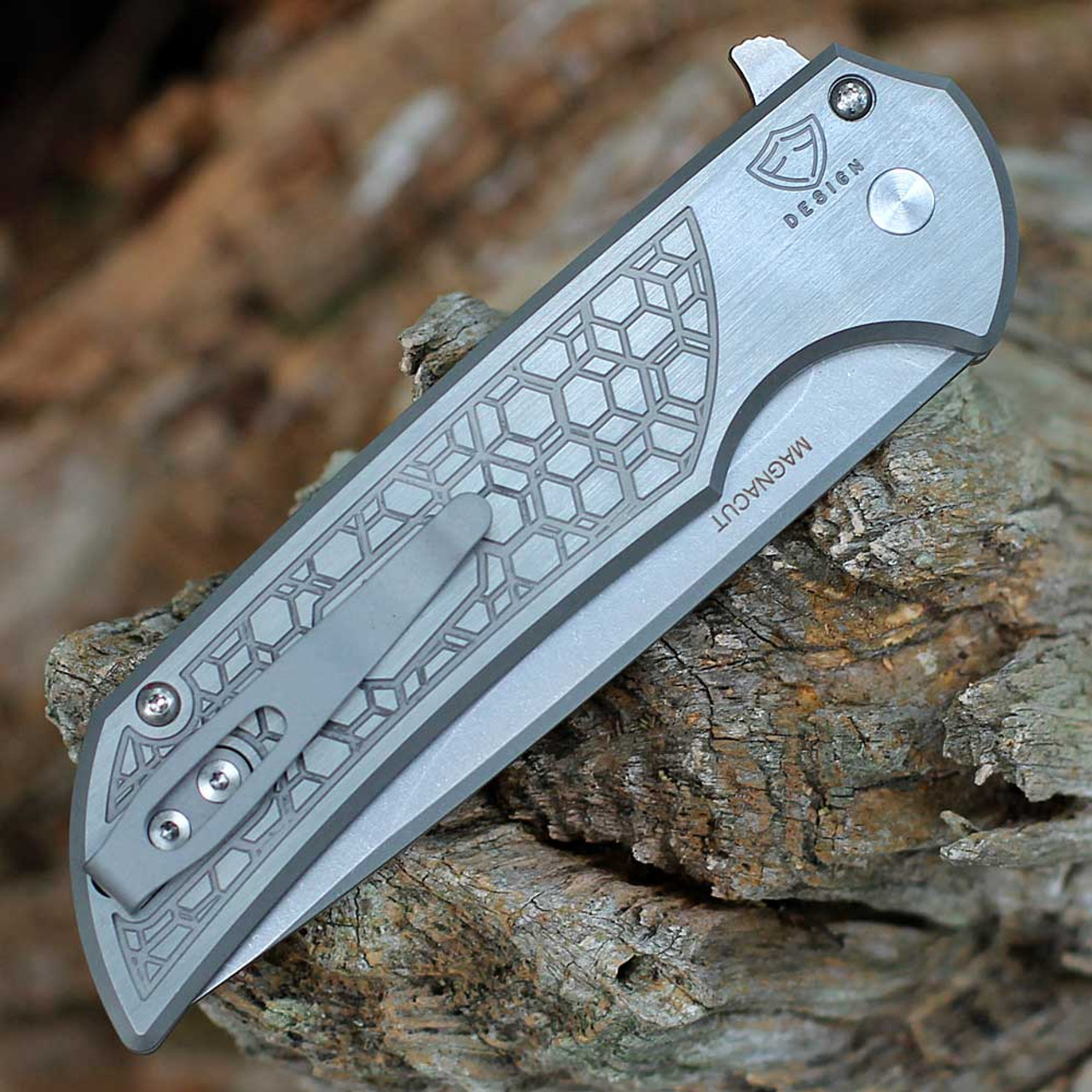 Pro-Tech 2024 Mordax Cutom 002 Button Lock Flipper Knife (2024 Mordax Custom 002) - 3.62" Stonewash CPM-MagnaCut Plain Blade, 17-4 Stainless Steel GridlockHandle, Black Pearl Button,