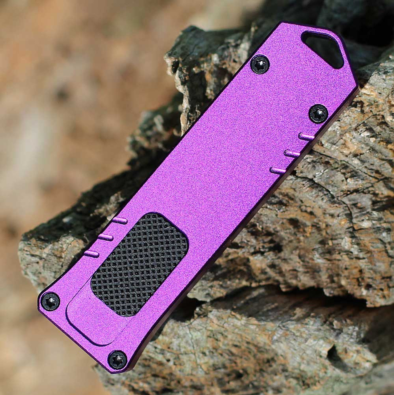 Boker Plus USB OTF 2.0 (06EX269) 1.77" D2 Blackwashed Drop Point Plain Blade, Purple Aluminum Handle with Double-Action Thumb Slide, Black Pocket Clip