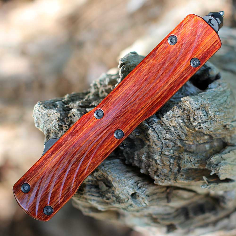 Hogue Collector Series Cocobolo Counterstrike OTF (34891-LIM) - 3.35" Stone Tumbled CPM-MagnaCut Double Edge Plain Blade, Reinforced Cocobolo Cover/6061-T6 Aluminum Handle