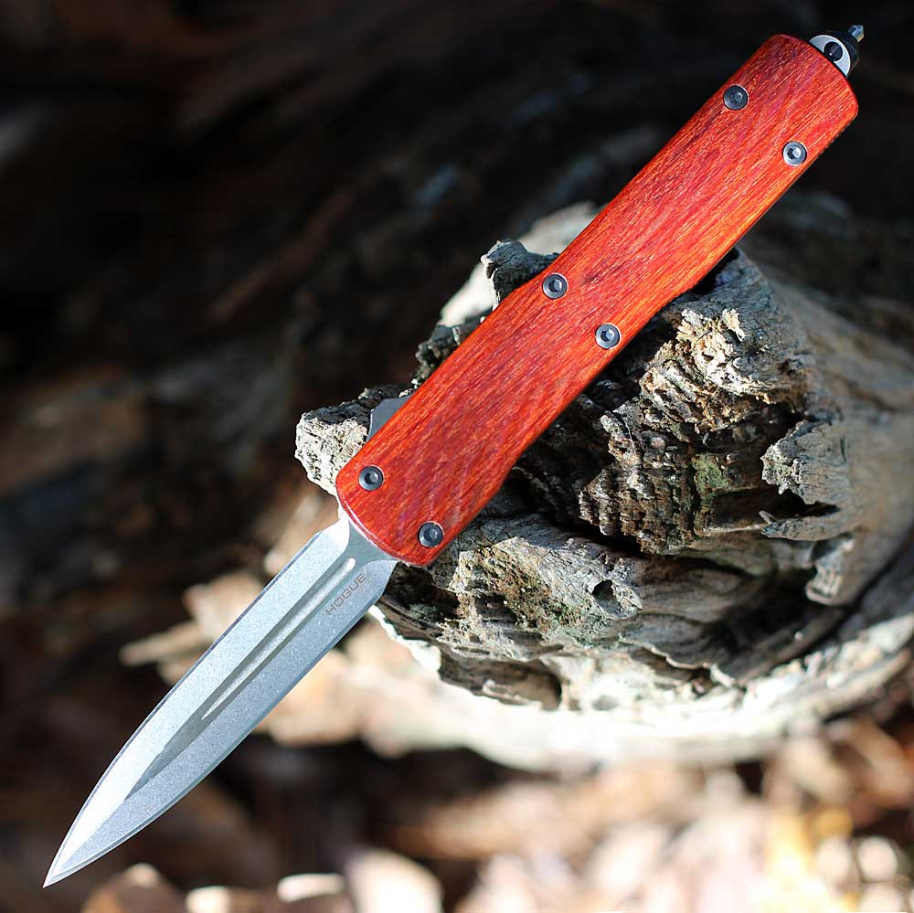 Hogue Collector Series Cocobolo Counterstrike OTF (34891-LIM) - 3.35" Stone Tumbled CPM-MagnaCut Double Edge Plain Blade, Reinforced Cocobolo Cover/6061-T6 Aluminum Handle