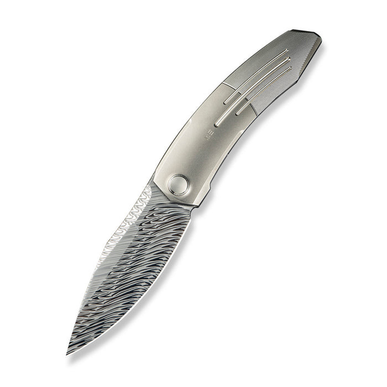 WE Knife Sine Wave (WE23069B-DS1) 3.98" Fafnir Damasteel Drop Point Plain Blade, Polished Bead Blasted and Satin Titanium Handle
