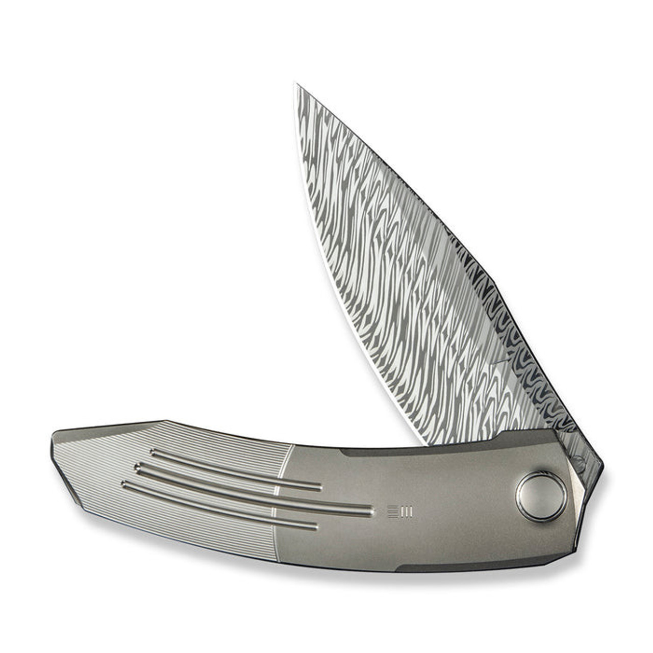 WE Knife Sine Wave (WE23069B-DS1) 3.98" Fafnir Damasteel Drop Point Plain Blade, Polished Bead Blasted and Satin Titanium Handle