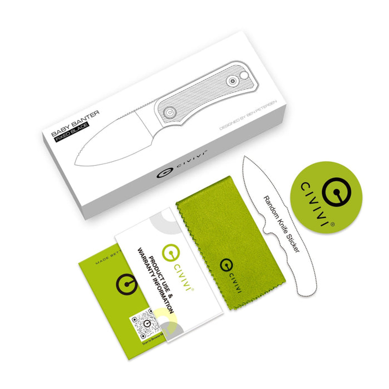 CIVIVI Baby Banter Fixed Blade (C23045-2) 2.39" Nitro-V Stonewashed Drop Point Plain Blade, Green Canvas Micarta Handle, Black Kydex Sheath and Clip