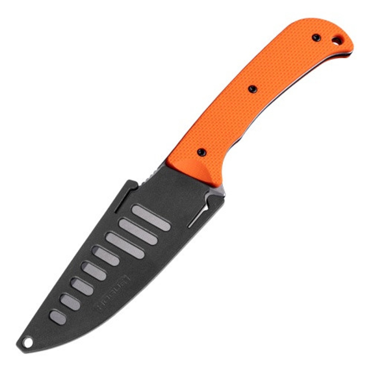 Hogue Extrak XL (35850) 3.9" CPM-MagnaCut Tumbled Clip Point Plain Blade, Removeable Solid Orange G-10 Handle w/ Peel Ply Texture, Black Nylon Blade Guard