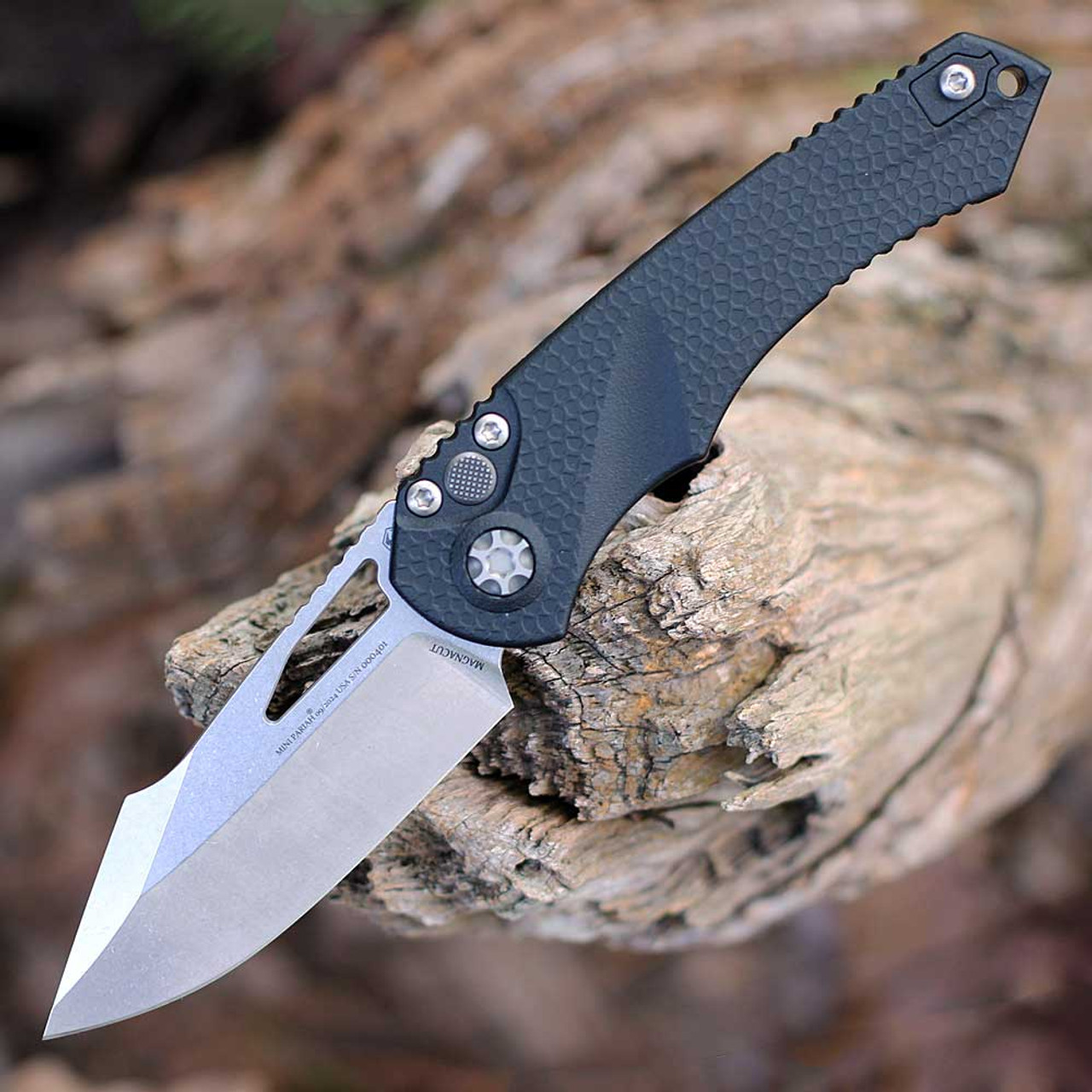 Heretic Knives Mini Pariah Manual (H052-2A) 3.38" Stonewash CPM-MagnaCut Standard Edge Plain Blade, Black Polymer Handle