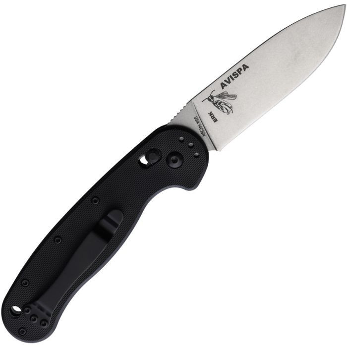 BRK Avispa Auto BRK1304 Sandvik 14C28N Stonewash Blade Open Detail View