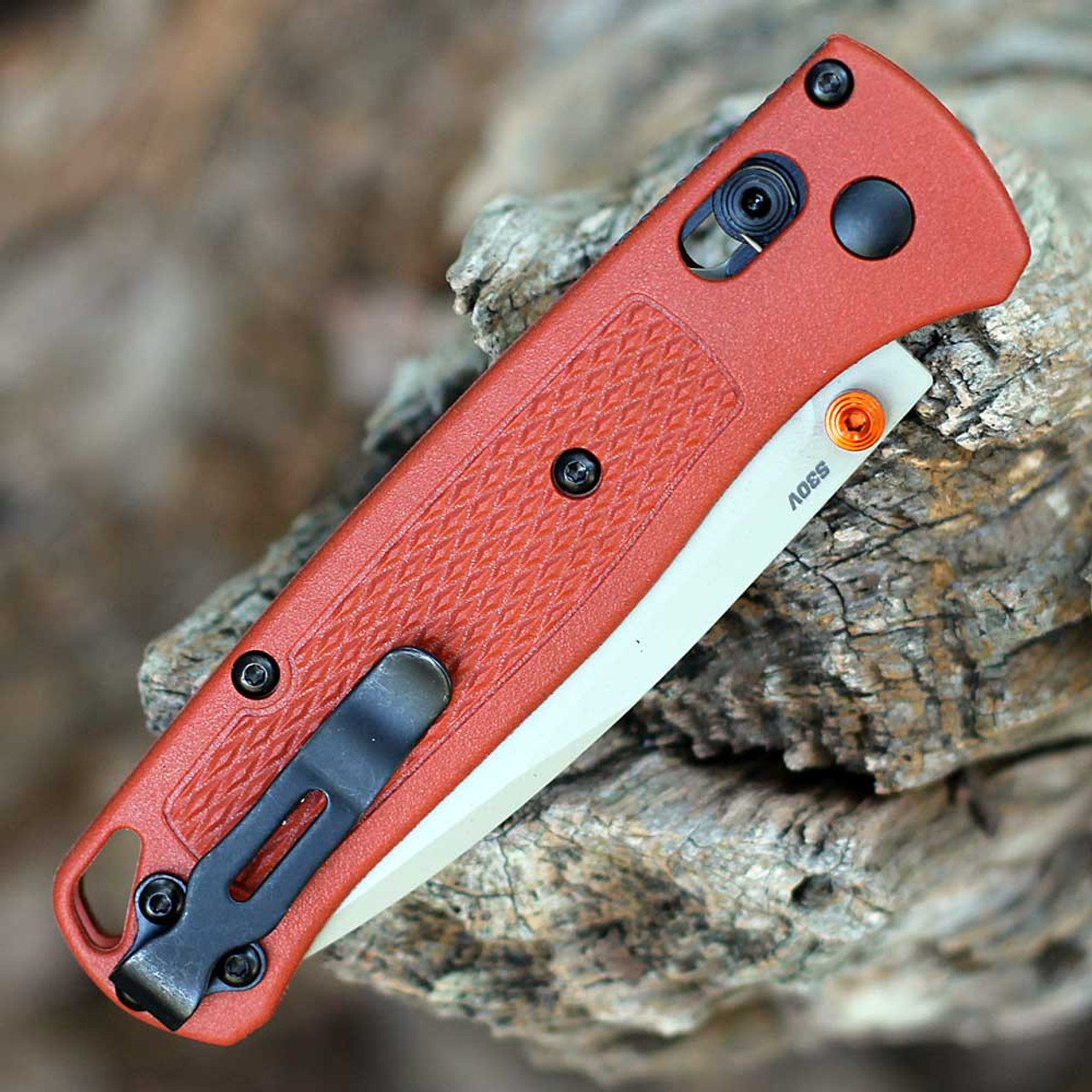 Benchmade Bugout Folding Knife (535TN-10) 3.24 inch Desert Verde Cerakote CPM-S30V Plain Edge Drop Point Blade, Rust Orange Grivory Handle