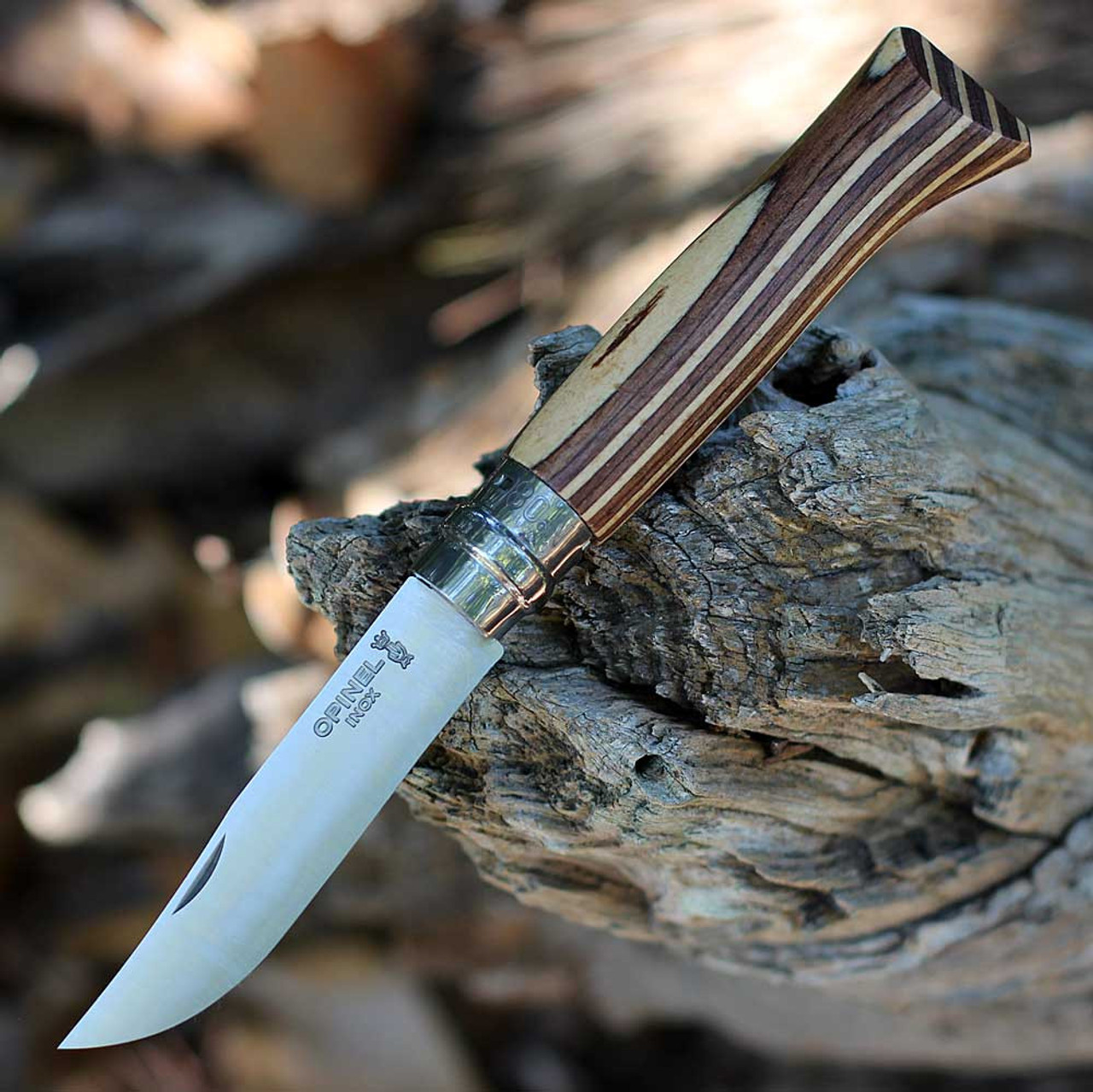 Opinel Knives No 08 Stainless Steel Folding Knife (OP002388) 3.28" Clip Point 12C27 Stainless Steel Plain Blade, Brown and Natural Laminated Birch Handle