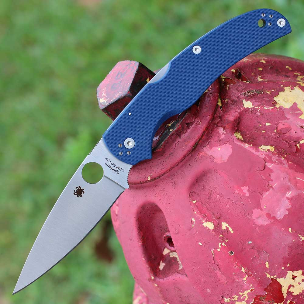 Spyderco Native Chief C244GPCBL cobalt blue G-10 handle open view showing 4.08 inch CPM SPY27 satin plain blade