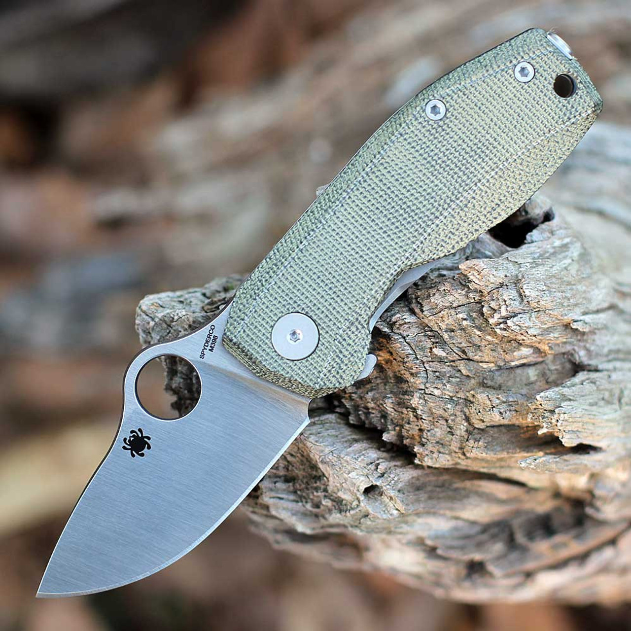 Spyderco SpyNano (C268MTIP) 2.56" Bohler M398 Satin Plain Blade, Green Canvas Micarta Front Handle, Gray Titanium Back Handle