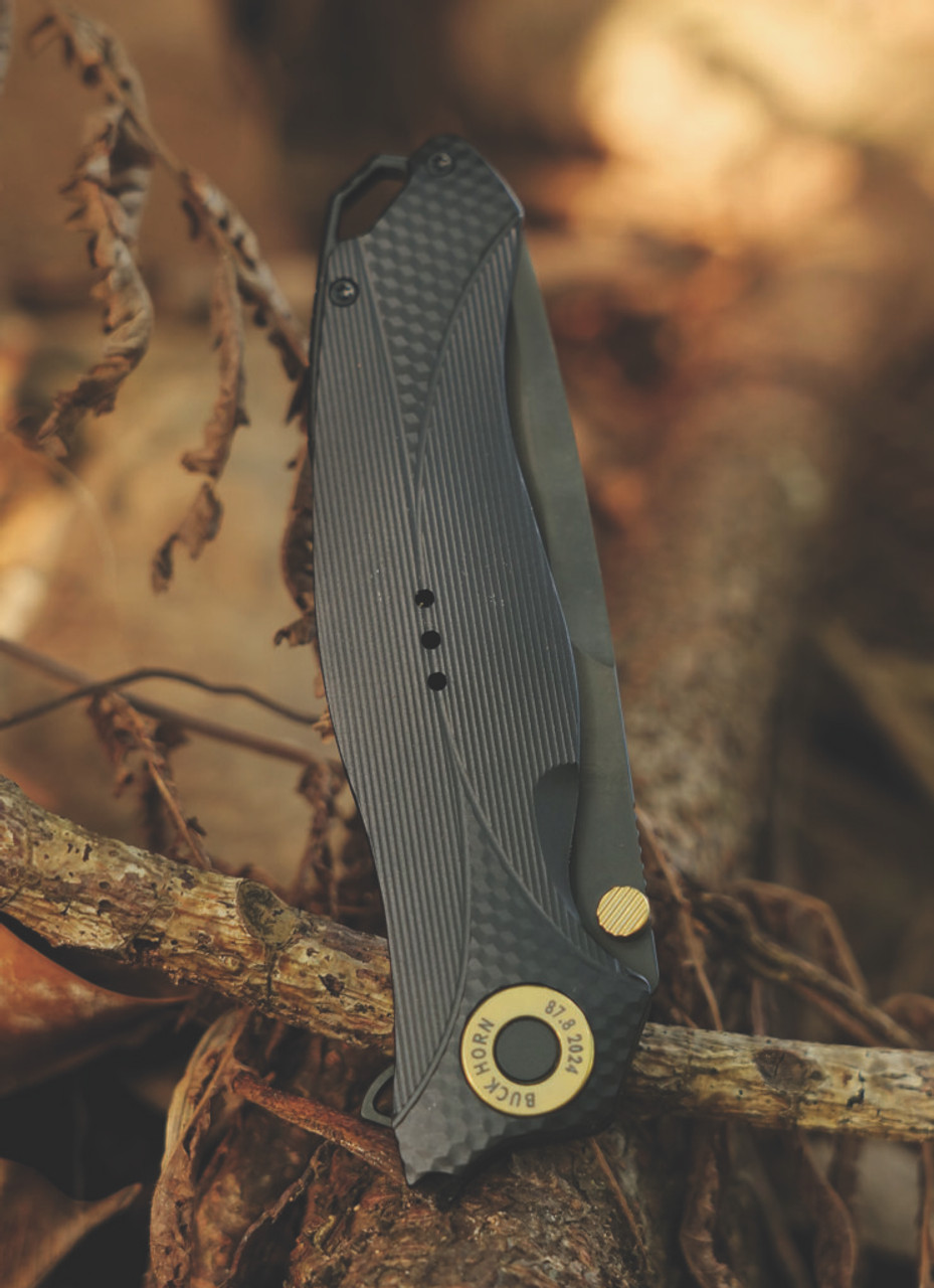 Karbon Knives Buck Horn (KARB120) 3.75" 14C28N Black Drop Point Plain Blade, Black Aluminum Handle
