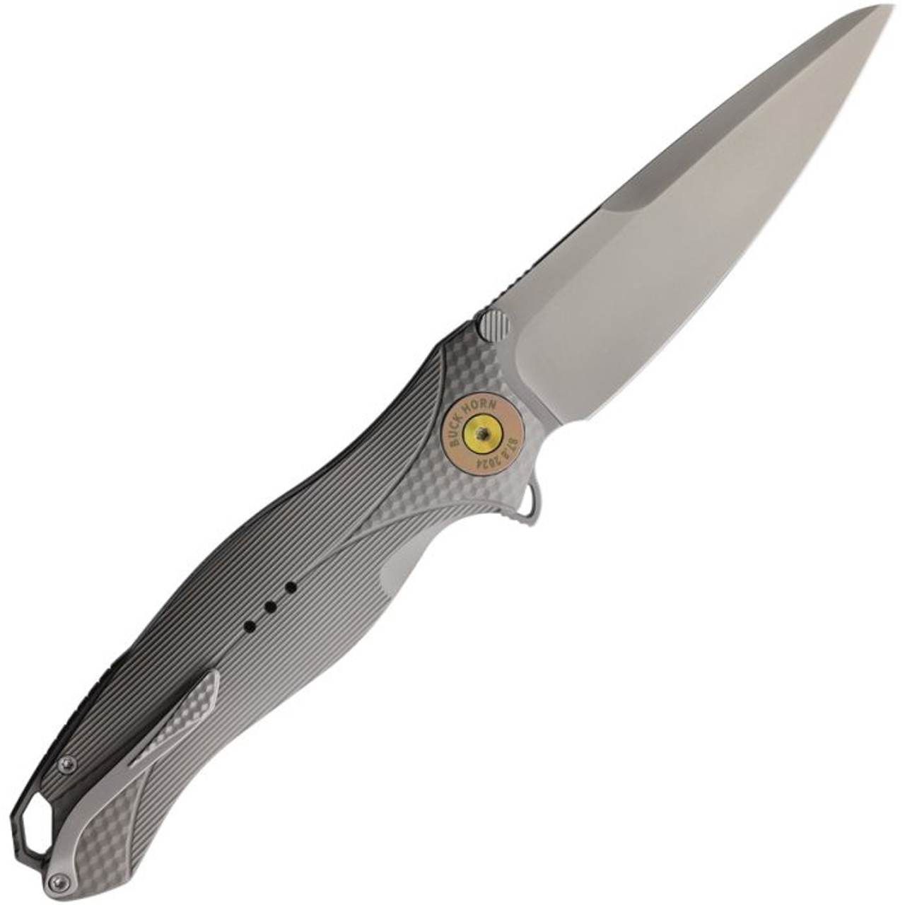 Karbon Knives Buck Horn (KARB119) 3.75" 14C28N  Bead Blasted Drop Point Plain Blade, Gray Textured Aluminum Handle