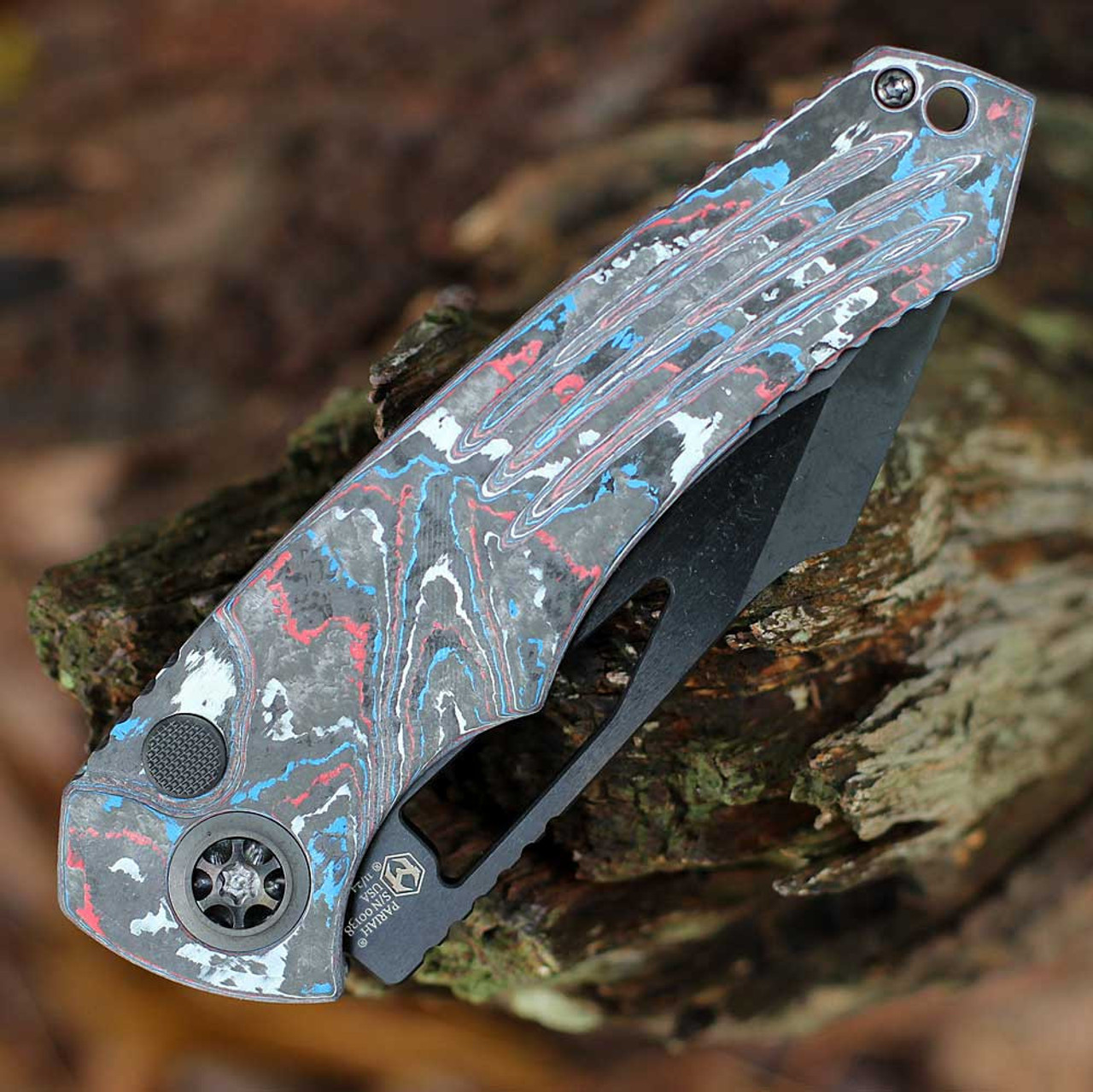 Heretic Knives Pariah Manual DLC (H046-6A-USA/CC) 3.75" MagnaCut Drop Point Black DLC Plain Blade, American Camo Carbon Spangled with the Red White and Blue