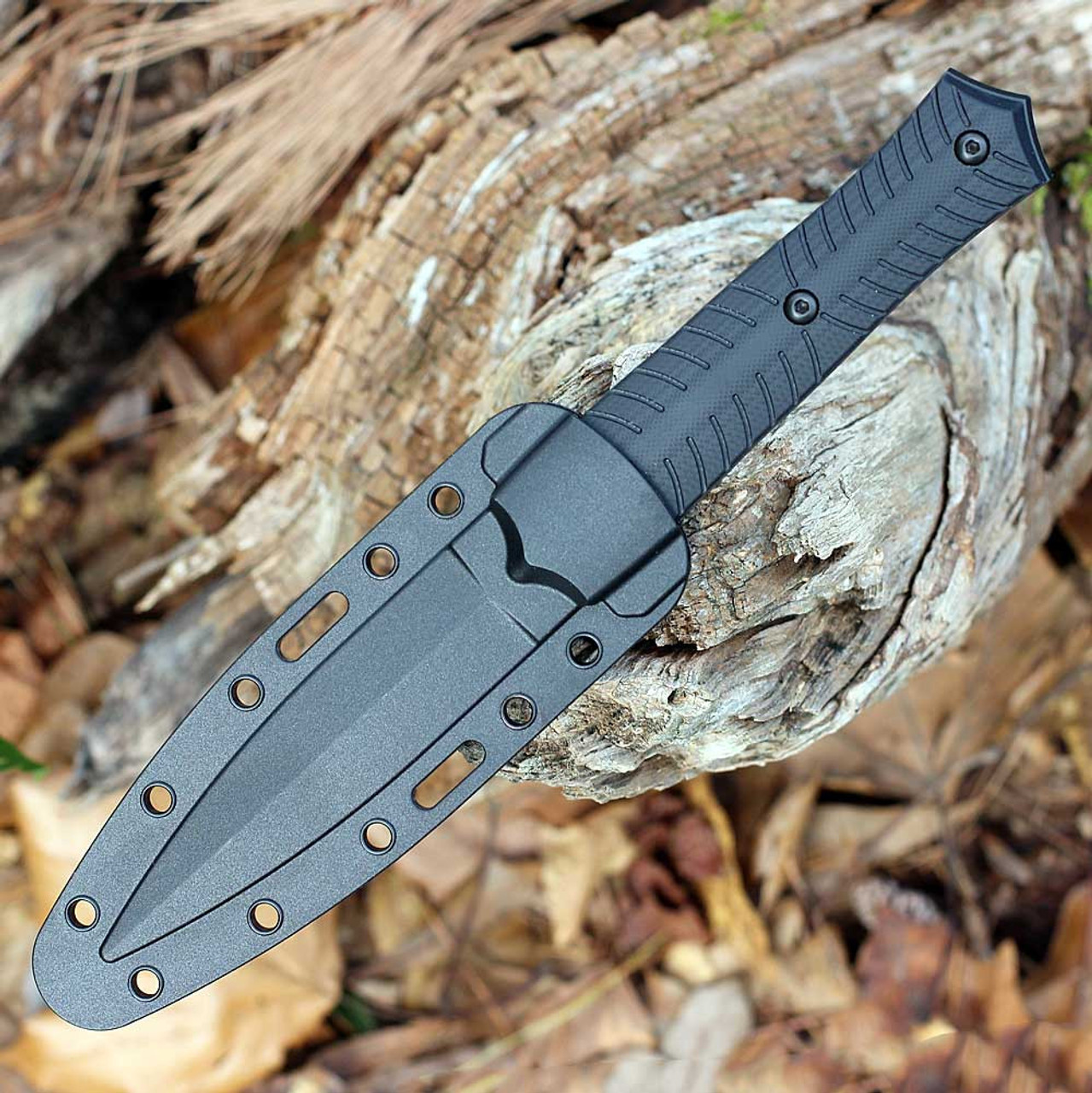 CRKT Xolotl (2263) 4.53" SK-5 Black Powder Coated Spear Point Partially Serrated Blade, Black G-10 Handle, Black Thermoplastic Sheath