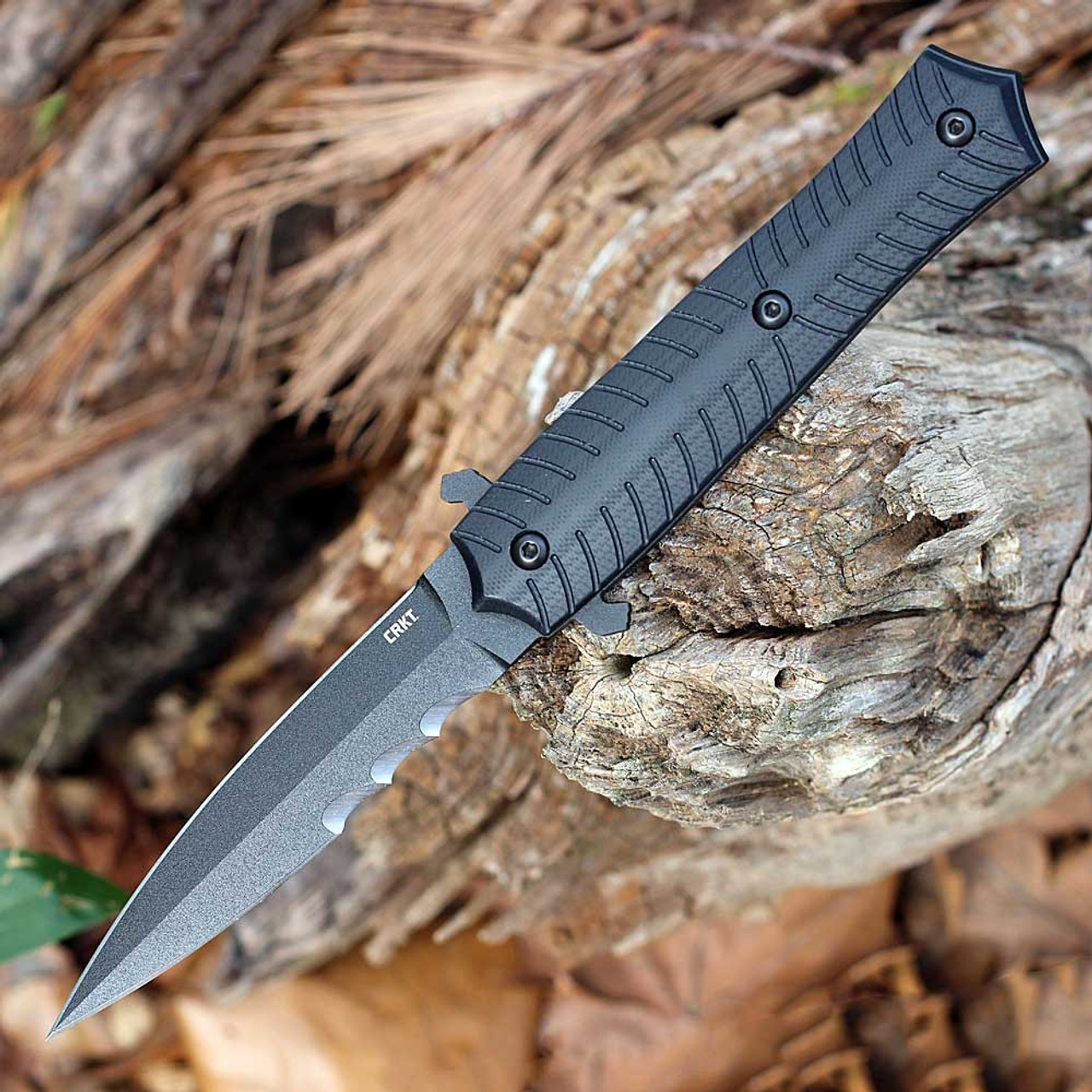 CRKT Xolotl (2263) 4.53" SK-5 Black Powder Coated Spear Point Partially Serrated Blade, Black G-10 Handle, Black Thermoplastic Sheath