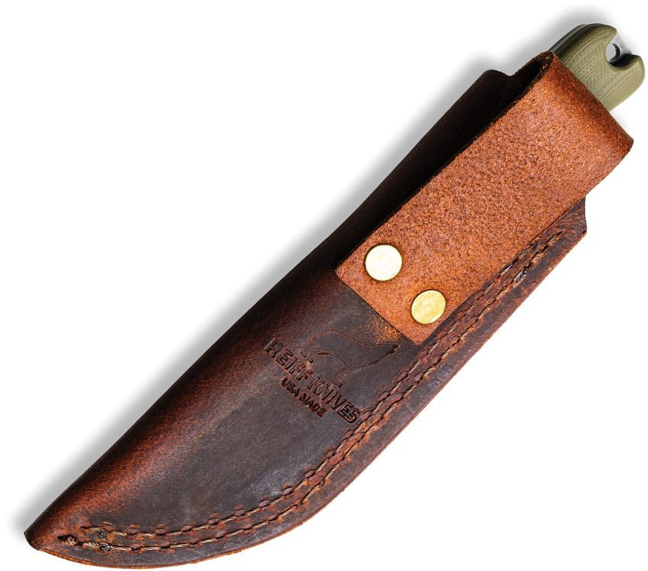 Reiff Knives F3 (REKF3MCODGK) 2.9" Magnacut Matte Stonewashed Drop Point Plain Blade, OD Green G-10 Handle, Black Kydex Belt Sheath