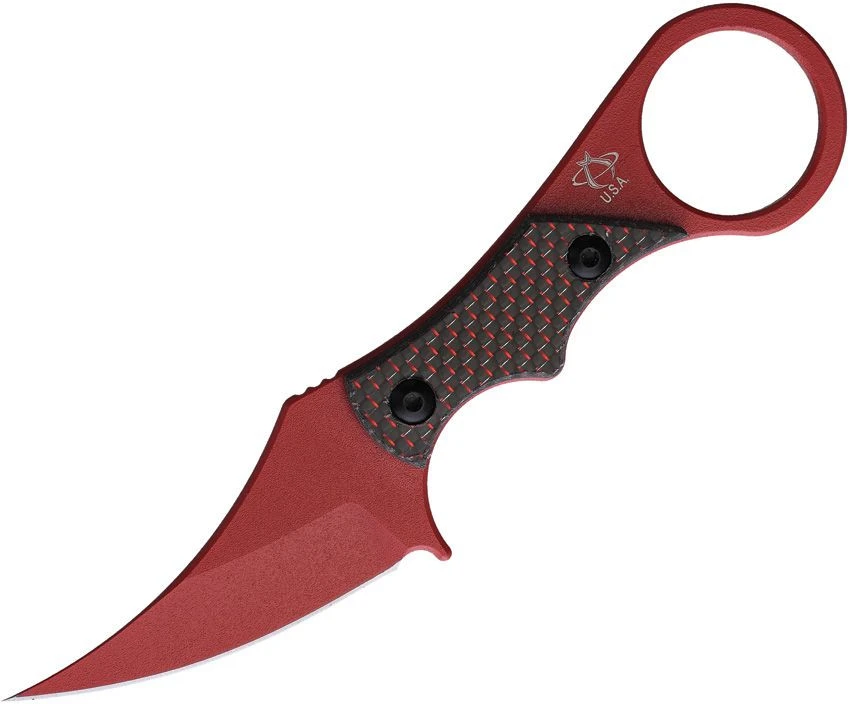 Mantis Sabot IV Fixed Blade (MAN8356) 2.5" M390 Red Trailing Point Plain Blade, Red Carbon Fiber Handle, Full Tang, Finger Ring, Black Kydex Sheath